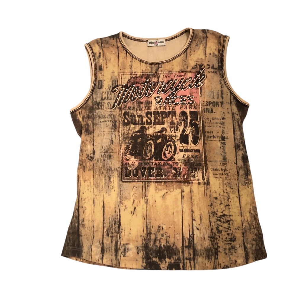 Y2K Skinny Minnie Motorcycle Races Sleeveless T-Shirt with Silver Studs Suze L